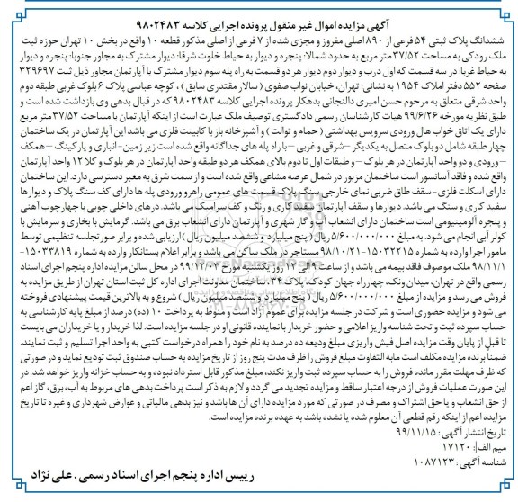 مزایده مزایده ششدانگ پلاک ثبتی 54 فرعی از 890 اصلی
