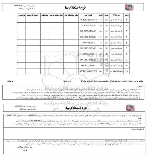 استعلام،استعلام بلبرینگ شیار عمیق و...