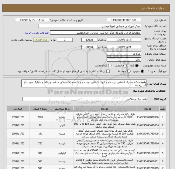 استعلام ظروف یکبار مصرف گیاهی درب دار و لیوان گیاهی درب دار و کیسه پلاستیکی سفید و زباله و خیاری مورد نیاز آشپزخانه