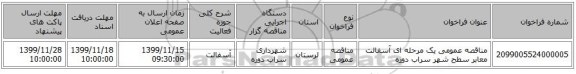 مناقصه عمومی یک مرحله ای آسفالت معابر سطح شهر سراب دوره