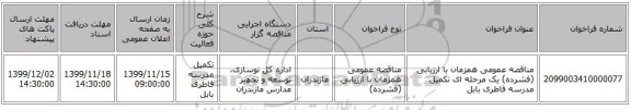 مناقصه عمومی همزمان با ارزیابی (فشرده) یک مرحله ای تکمیل مدرسه فاطری بابل