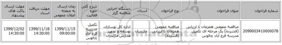 مناقصه عمومی همزمان با ارزیابی (فشرده) یک مرحله ای تکمیل مدرسه فرج آباد چالوس