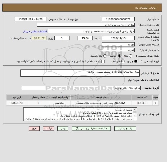 استعلام بیمه ساختمان های وزارت صنعت معدن و تجارت