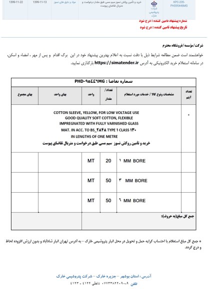 استعلام خرید و تامین روکش نسوز سیم مسی ...