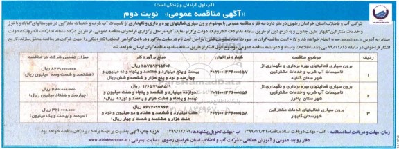 مناقصه برون سپاری فعالیتهای بهره برداری و نگهداری از تاسیسات آب شرب و خدمات مشترکین - نوبت دوم 