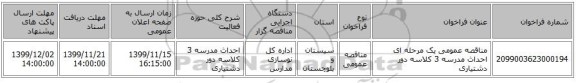 مناقصه عمومی یک مرحله ای احداث مدرسه 3 کلاسه دور دشتیاری
