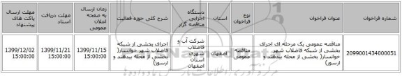 مناقصه عمومی یک مرحله ای اجرای بخشی از شبکه فاضلاب شهر خوانسار( بخشی از محله بیدهند و ارسور)