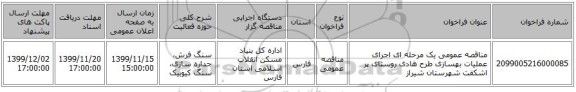 مناقصه عمومی یک مرحله ای اجرای عملیات بهسازی طرح هادی روستای پر اشکفت شهرستان شیراز