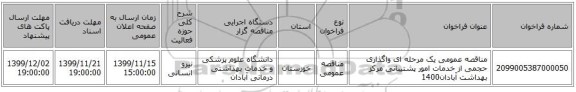 مناقصه عمومی یک مرحله ای واگذاری حجمی از خدمات امور پشتیبانی مرکز بهداشت آبادان1400