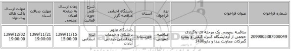 مناقصه عمومی یک مرحله ای واگذاری حجمی از آزمایشگاه کنترل کیفی و پنجره گمرکات معاونت غذا و دارو1400
