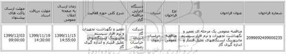 مناقصه عمومی یک مرحله ای تعمیر و نگهداشت تجهیزات و نرم افزار سیستم مانیتورینگ ایستگاههای تقلیل فشار و اندازه گیری گاز