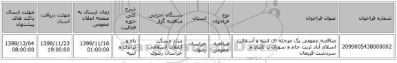 مناقصه عمومی یک مرحله ای ابنیه و آسفالت اسلام آباد تربت جام و سوران ن تایباد و سردشت فریمان 
