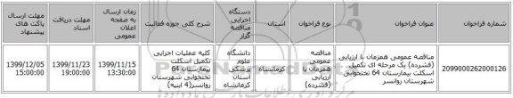 مناقصه عمومی همزمان با ارزیابی (فشرده) یک مرحله ای تکمیل اسکلت بیمارستان 64 تختخوابی شهرستان روانسر