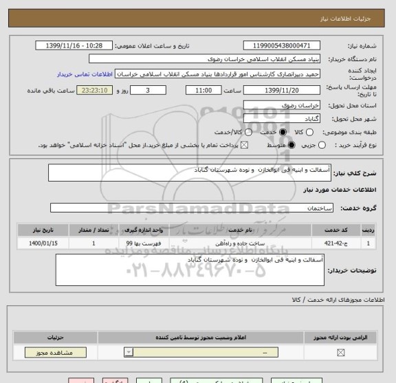 استعلام آسفالت و ابنیه فی ابوالخازن  و نوده شهرستان گناباد