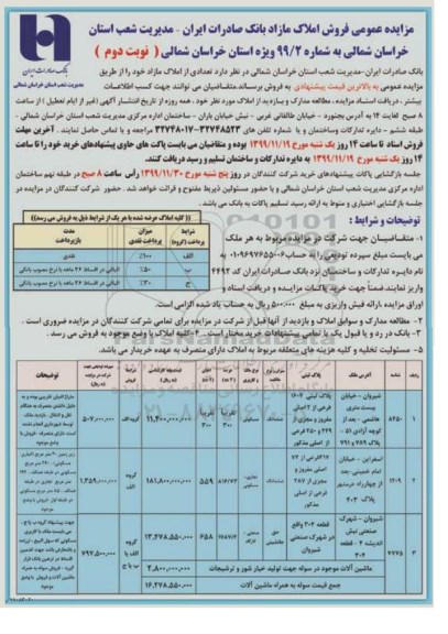 مزایده، مزایده فروش املاک مازاد نوبت دوم 