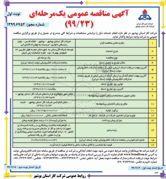 مناقصه, مناقصه توسعه شبکه گازرسانی به شهرستان  