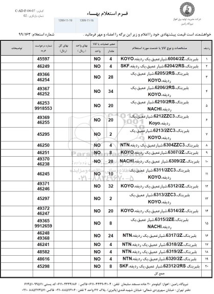 استعلام انواع بلبرینگ