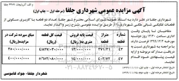 مزایده،مزایده واگذاری دو قطعه با کاربری مسکونی مرحله اول نوبت اول