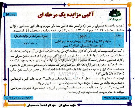 مزایده واگذاری بازار هفتگی در روزهای جمعه در جانمایی شهر...