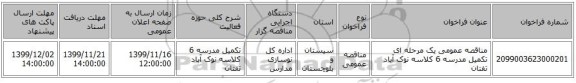 مناقصه عمومی یک مرحله ای تکمیل مدرسه 6 کلاسه نوک آباد تفتان