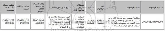 مناقصه عمومی دو مرحله ای خرید سیستم نظارتی و حفاظتی هوشمند سد گلمندره و سیستم یکپارچه سازی تصاویر در مرکز استان
