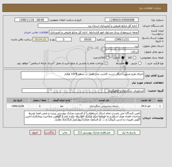 استعلام اجرای طرح مدیریت جنگل دست کاشت چاه افضل در سطح 1018 هکتار