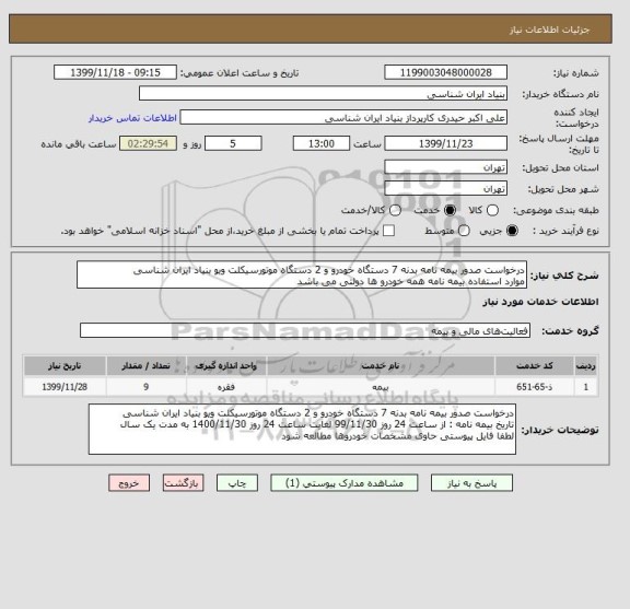 استعلام درخواست صدور بیمه نامه بدنه 7 دستگاه خودرو و 2 دستگاه موتورسیکلت ویو بنیاد ایران شناسی
موارد استفاده بیمه نامه همه خودرو ها دولتی می باشد