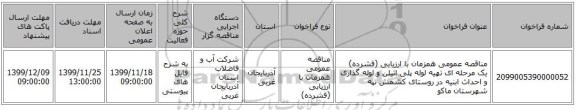 مناقصه عمومی همزمان با ارزیابی (فشرده) یک مرحله ای تهیه لوله پلی اتیلن و لوله گذاری و احداث ابنیه در روستای کشمش تپه شهرستان ماکو