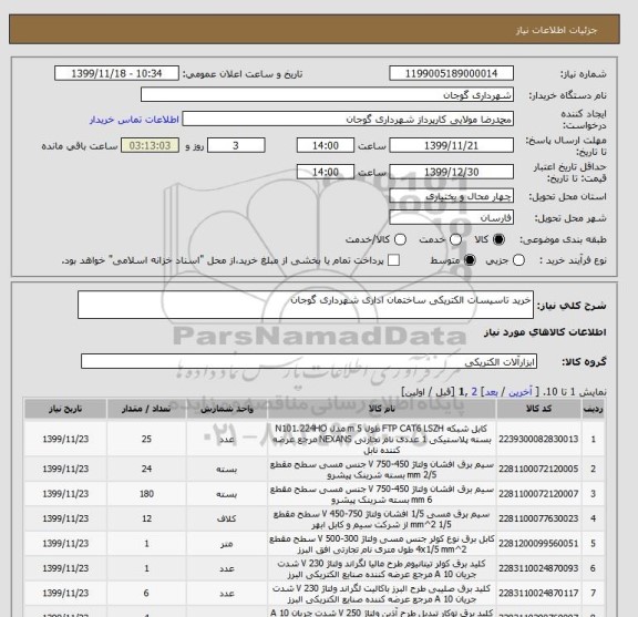 استعلام خرید تاسیسات الکتریکی ساختمان اداری شهرداری گوجان