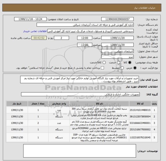 استعلام خرید تجهیزات و ابزآلات مورد نیاز کارگاه آموزش لوازم خانگی مورد نیاز مرکز آموزش فنی و حرفه ای شماره یم تبریز . طبق استعلام بهاء پیوست .