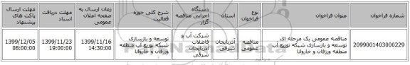 مناقصه عمومی یک مرحله ای توسعه و بازسازی شبکه توزیع آب منطقه ورزقان و خاروانا