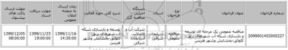 مناقصه عمومی یک مرحله ای توسعه و بازسازی شبکه آب شهرهای زرنق-کلوانق-بخشایش وشهر هریس