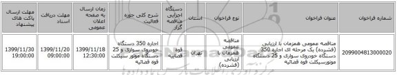مناقصه عمومی همزمان با ارزیابی (فشرده) یک مرحله ای اجاره 350 دستگاه خودروی سواری و 25 دستگاه موتورسیکلت قوه قضائیه