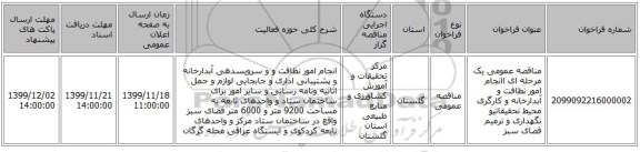 مناقصه عمومی یک مرحله ای اانجام امور نظافت و آبدارخانه و کارگری محیط تحقیقاتیو نگهداری و ترمیم فضای سبز