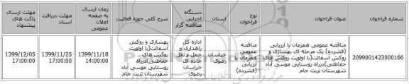 مناقصه عمومی همزمان با ارزیابی (فشرده) یک مرحله ای بهسازی و روکش آسفالت(با اولویت روکش های حفاظتی)درراه روستایی موسی آباد شهرستان تربت جام    