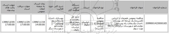 مناقصه عمومی همزمان با ارزیابی (فشرده) یک مرحله ای بهسازی ،احداث وآسفالت راه روستایی دولتشانلو شهرستان درگز99/31/183 نوبت سوم