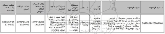 مناقصه عمومی همزمان با ارزیابی (فشرده) یک مرحله ای تهیه نصب و حمل دیوار پیش ساخته بتنی خودایستا حدفاصل پاسگاه 17شهریور و پایانه مرزی دوغارون99/31/214 نوبت دوم