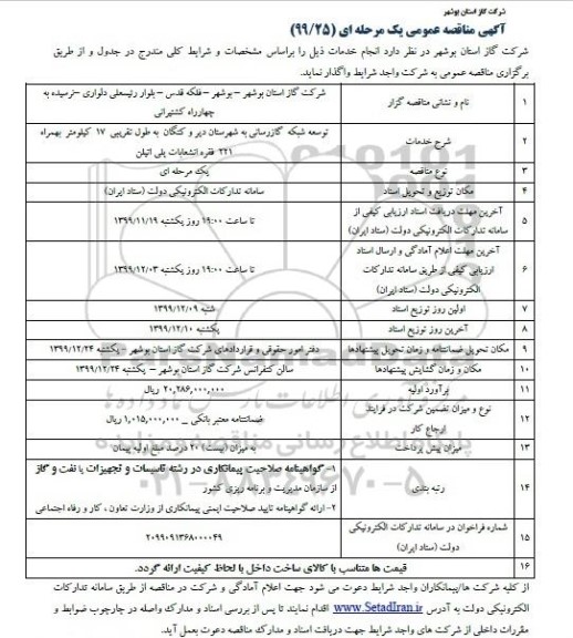 مناقصه, مناقصه توسعه شبکه گازرسانی به شهرستان 