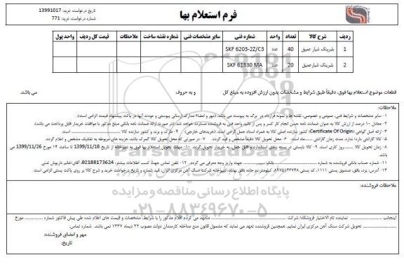 استعلام،استعلام بلبرینگ شیار عمیق 	