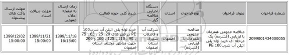 مناقصه عمومی همزمان با ارزیابی (فشرده) یک مرحله ای خرید لوله پلی اتیلن آب شرب100 PE  