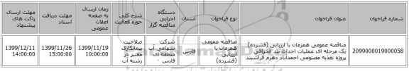 مناقصه عمومی همزمان با ارزیابی (فشرده) یک مرحله ای عملیات احداث بند انحرافی پروژه تغذیه مصنوعی احمدآباد دهرم فراشبند