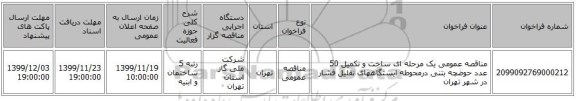 مناقصه عمومی یک مرحله ای ساخت و تکمیل 50 عدد حوضچه بتنی درمحوطه ایستگاههای تقلیل فشار در شهر تهران