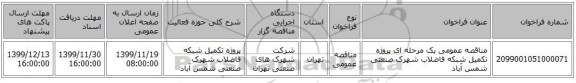 مناقصه عمومی یک مرحله ای پروژه تکمیل شبکه فاضلاب شهرک صنعتی شمس آباد