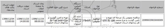 مناقصه عمومی یک مرحله ای تهیه و تامین گوشت و مرغ منجمد مورد نیاز اداره کل زندانهای استان اصفهان