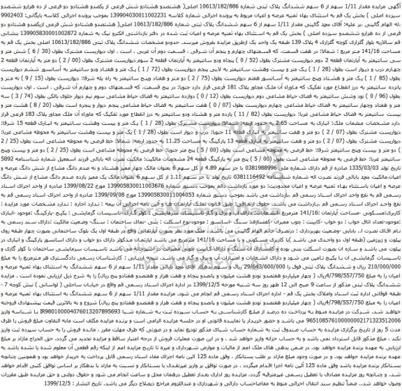 آگهی مزایده مقدار 1/11 سهم از 6 سهم ششدانگ پلاک ثبتی