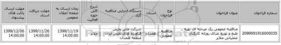 مناقصه عمومی یک مرحله ای تهیه , طبخ و توزیع غذای روزانه کارکنان عملیاتی ملایر