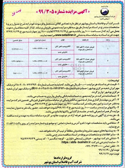 مزایده, مزایده فروش تعداد 21 قلم کالا مستعمل و فرسوده...