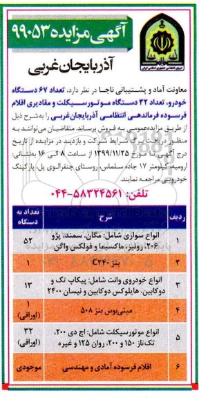 مزایده تعداد 67 دستگاه خودرو ، تعداد 32 دستگاه موتور سیکلت