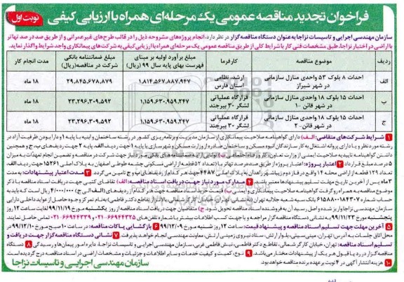 تجدید فراخون مناقصه، تجدید مناقصه احداث 8 بلوک 53 واحدی  منازل سازمانی... 