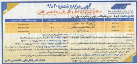 آگهی مزایده , مزایده آهن آلات سبک ضایعاتی
